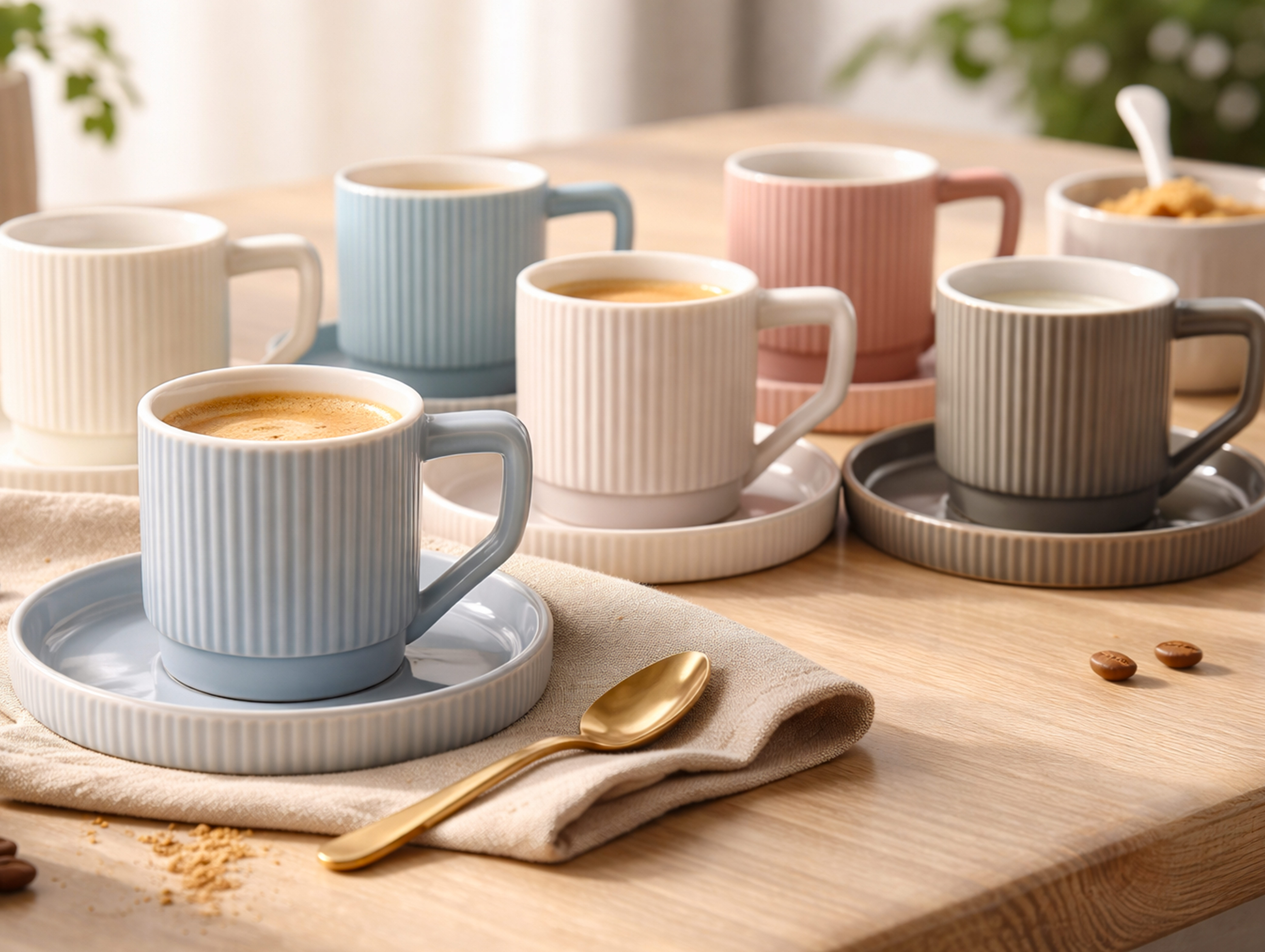 Ceramic coffee mugs with saucers arranged on a wooden table for a warm coffee moment.